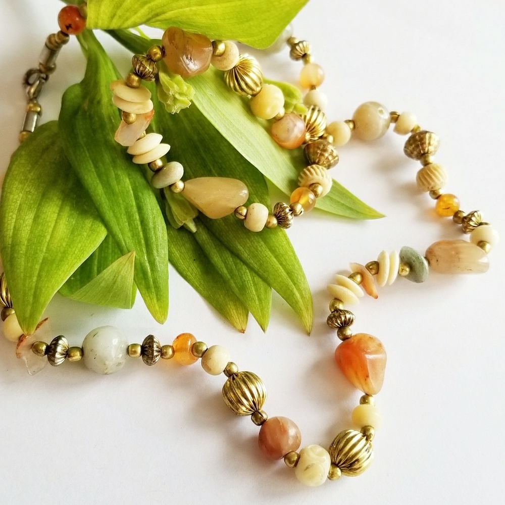 Vintage stone beads necklace bone agate boho beaded